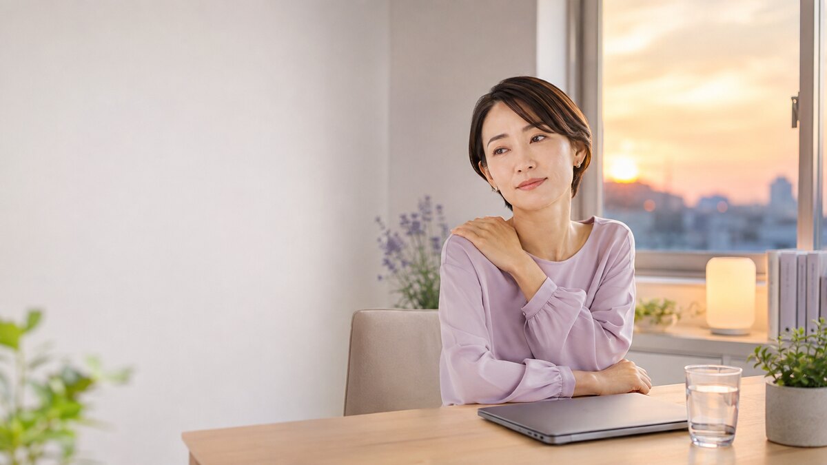 夕方、パソコン作業後に肩を押さえて休憩する女性
